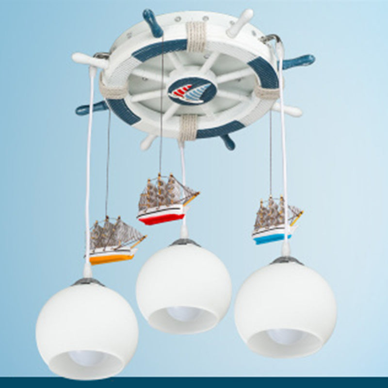 Cream Glass Dome Ceiling Light Cartoon 3 Bulbs White Flush Mounted Light with Rudder Canopy White 18