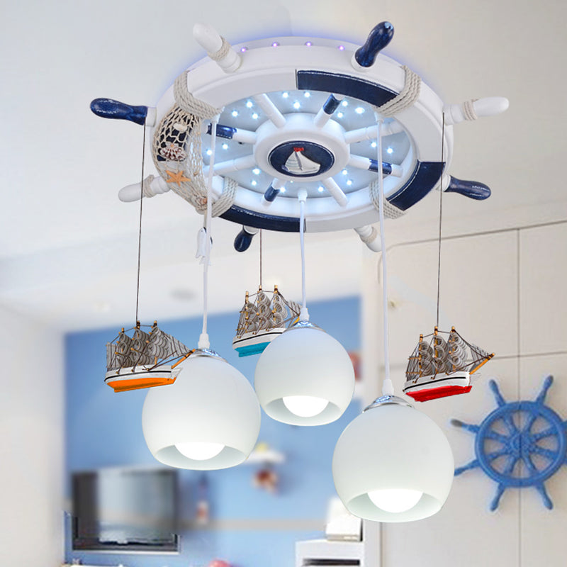 Cream Glass Dome Ceiling Light Cartoon 3 Bulbs White Flush Mounted Light with Rudder Canopy Clearhalo 'Ceiling Lights' 'Close To Ceiling Lights' 'Close to ceiling' 'Flush mount' Lighting' 2268633