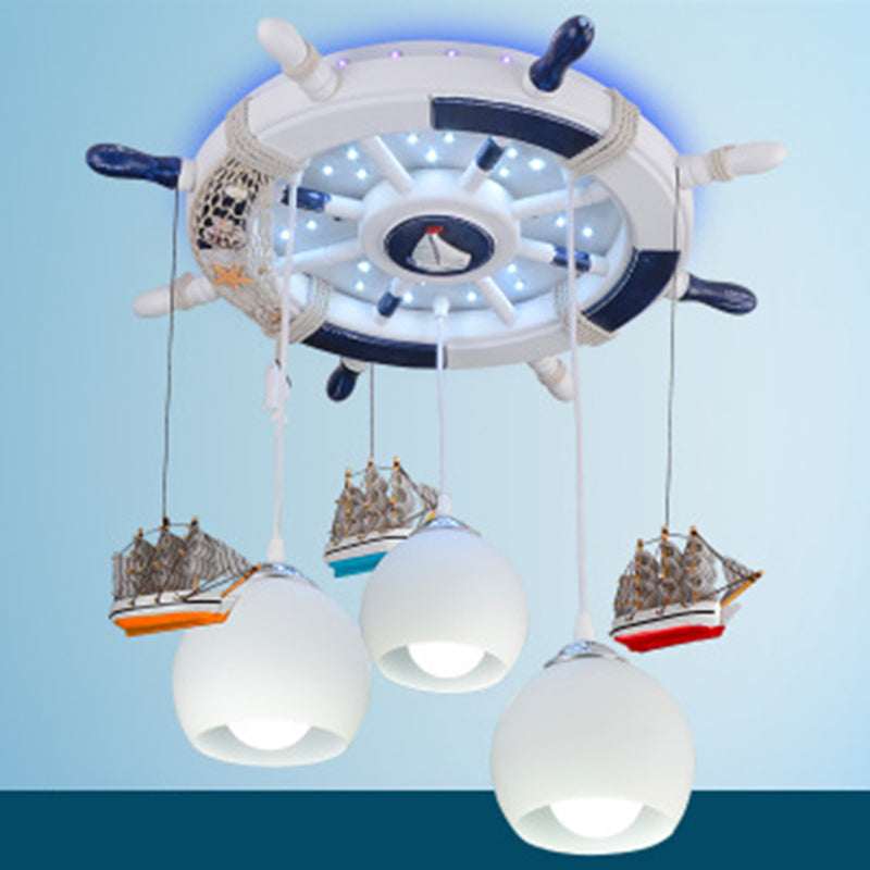 Cream Glass Dome Ceiling Light Cartoon 3 Bulbs White Flush Mounted Light with Rudder Canopy White 25.5