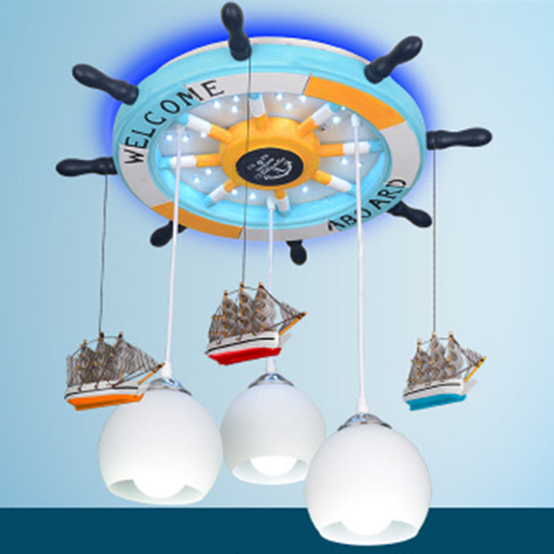 Cream Glass Dome Ceiling Light Cartoon 3 Bulbs White Flush Mounted Light with Rudder Canopy Clearhalo 'Ceiling Lights' 'Close To Ceiling Lights' 'Close to ceiling' 'Flush mount' Lighting' 2268636