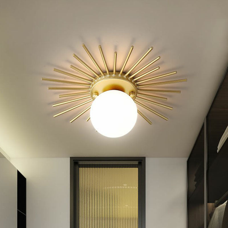 Golden Sunburst Semi-Flush Mount Simple Creative Single Opal Glass Ceiling Lighting for Foyer Gold Clearhalo 'Ceiling Lights' 'Close To Ceiling Lights' 'Close to ceiling' 'Semi-flushmount' Lighting' 2268836