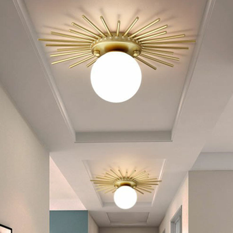 Golden Sunburst Semi-Flush Mount Simple Creative Single Opal Glass Ceiling Lighting for Foyer Clearhalo 'Ceiling Lights' 'Close To Ceiling Lights' 'Close to ceiling' 'Semi-flushmount' Lighting' 2268837