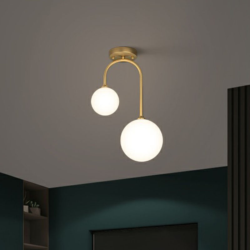 Spherical Semi Flush Mount Ceiling Light Minimalist Milky Glass 2-Head Gold Flushmount Lighting Clearhalo 'Ceiling Lights' 'Close To Ceiling Lights' 'Close to ceiling' 'Semi-flushmount' Lighting' 2268865