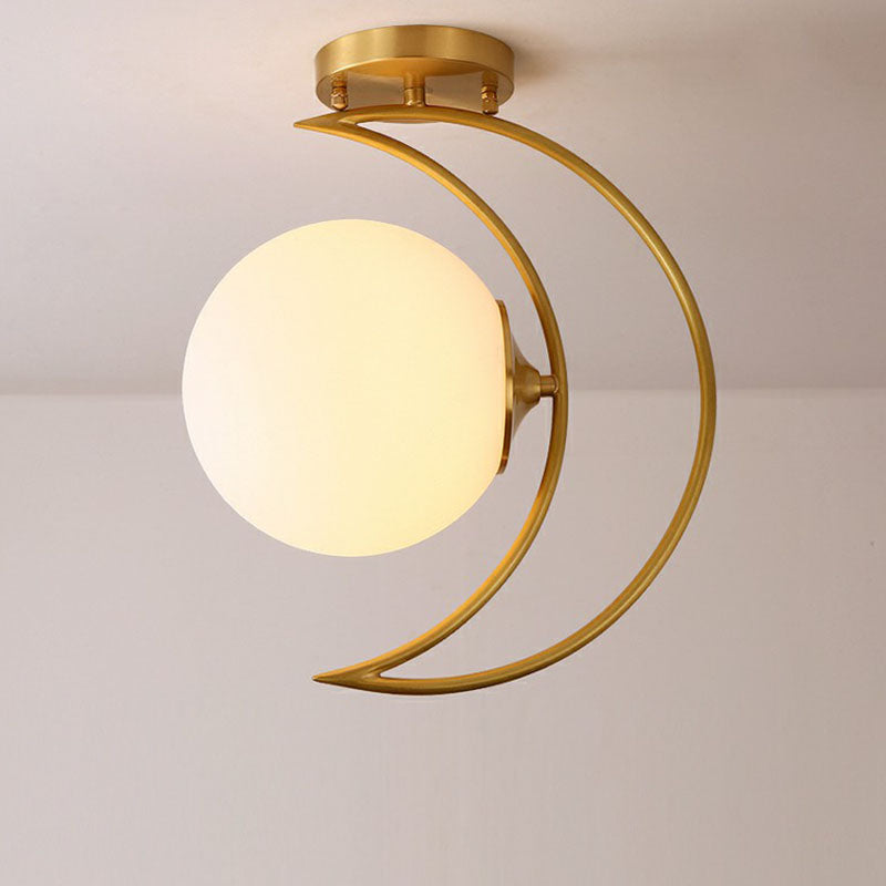 Gold Finish Crescent Flush Light Nordic 1 Head White Ball Glass Semi Flush Ceiling Light Fixture Clearhalo 'Ceiling Lights' 'Close To Ceiling Lights' 'Close to ceiling' 'Semi-flushmount' Lighting' 2268869