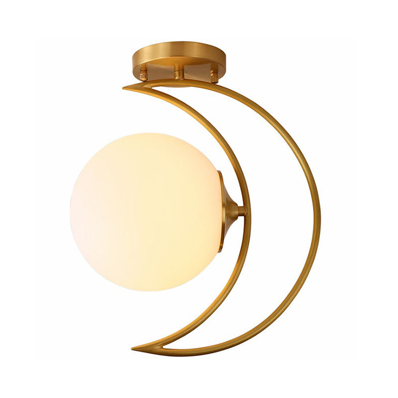 Gold Finish Crescent Flush Light Nordic 1 Head White Ball Glass Semi Flush Ceiling Light Fixture Clearhalo 'Ceiling Lights' 'Close To Ceiling Lights' 'Close to ceiling' 'Semi-flushmount' Lighting' 2268870