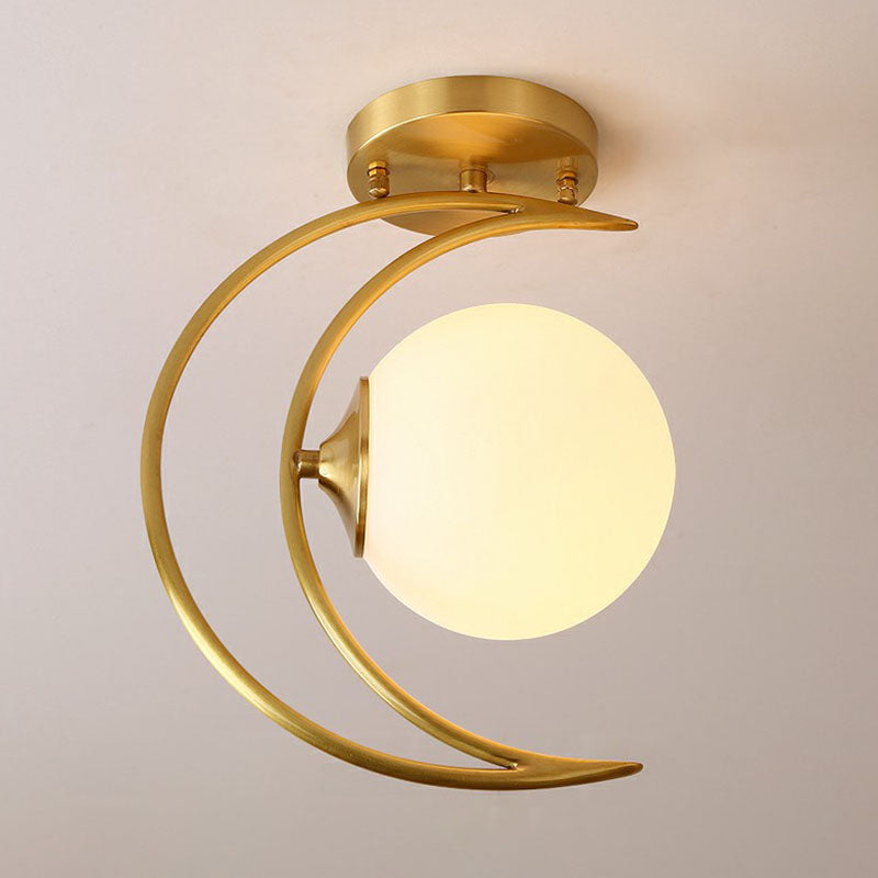 Gold Finish Crescent Flush Light Nordic 1 Head White Ball Glass Semi Flush Ceiling Light Fixture Clearhalo 'Ceiling Lights' 'Close To Ceiling Lights' 'Close to ceiling' 'Semi-flushmount' Lighting' 2268871