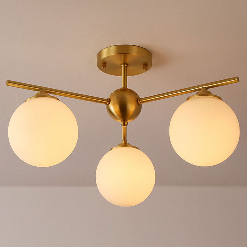 Globe Ceiling Flush Light Simplicity Milk Glass 3-Bulb Antiqued Gold Semi Flush Mount Light Clearhalo 'Ceiling Lights' 'Close To Ceiling Lights' 'Close to ceiling' 'Semi-flushmount' Lighting' 2268874