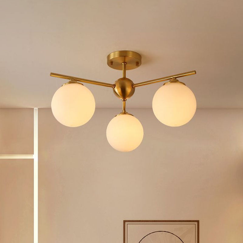 Globe Ceiling Flush Light Simplicity Milk Glass 3-Bulb Antiqued Gold Semi Flush Mount Light Clearhalo 'Ceiling Lights' 'Close To Ceiling Lights' 'Close to ceiling' 'Semi-flushmount' Lighting' 2268875