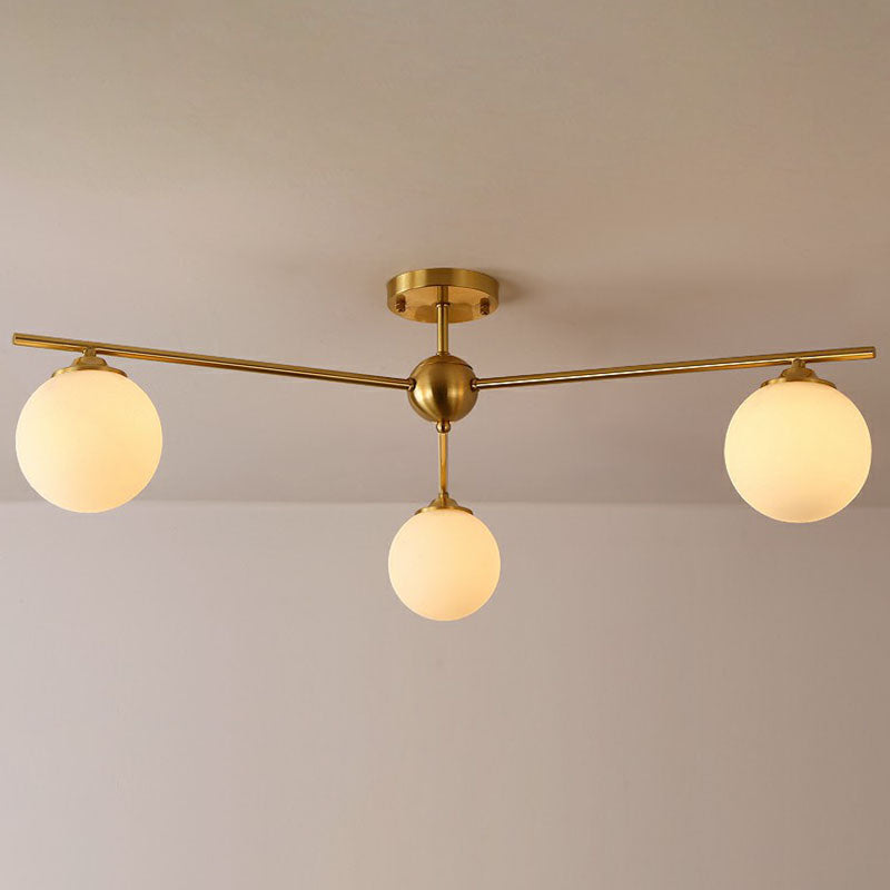 Globe Ceiling Flush Light Simplicity Milk Glass 3-Bulb Antiqued Gold Semi Flush Mount Light Clearhalo 'Ceiling Lights' 'Close To Ceiling Lights' 'Close to ceiling' 'Semi-flushmount' Lighting' 2268877