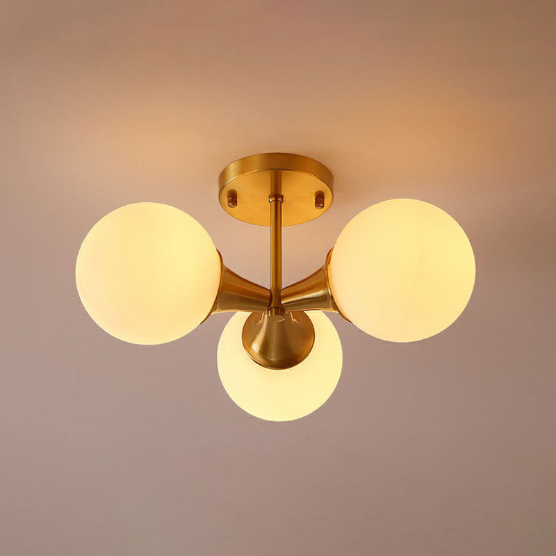 White Glass Ball Semi Flush Ceiling Light Postmodern Gold Finish Flush Mount Lighting 3 Gold Clearhalo 'Ceiling Lights' 'Close To Ceiling Lights' 'Close to ceiling' 'Semi-flushmount' Lighting' 2268886