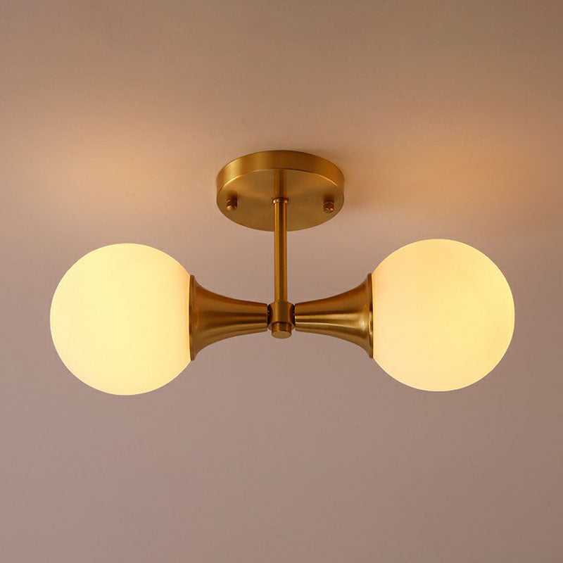 White Glass Ball Semi Flush Ceiling Light Postmodern Gold Finish Flush Mount Lighting 2 Gold Clearhalo 'Ceiling Lights' 'Close To Ceiling Lights' 'Close to ceiling' 'Semi-flushmount' Lighting' 2268888