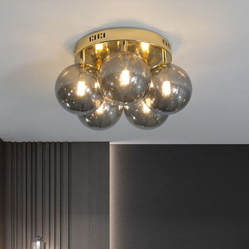 Ball Smoke Grey Glass Ceiling Lamp Postmodern 5 Lights Gold Finish Semi Flush Light Fixture Clearhalo 'Ceiling Lights' 'Close To Ceiling Lights' 'Close to ceiling' 'Semi-flushmount' Lighting' 2268902