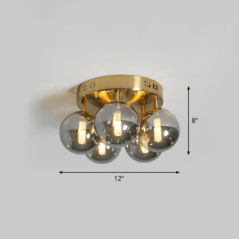 Ball Smoke Grey Glass Ceiling Lamp Postmodern 5 Lights Gold Finish Semi Flush Light Fixture Clearhalo 'Ceiling Lights' 'Close To Ceiling Lights' 'Close to ceiling' 'Semi-flushmount' Lighting' 2268903