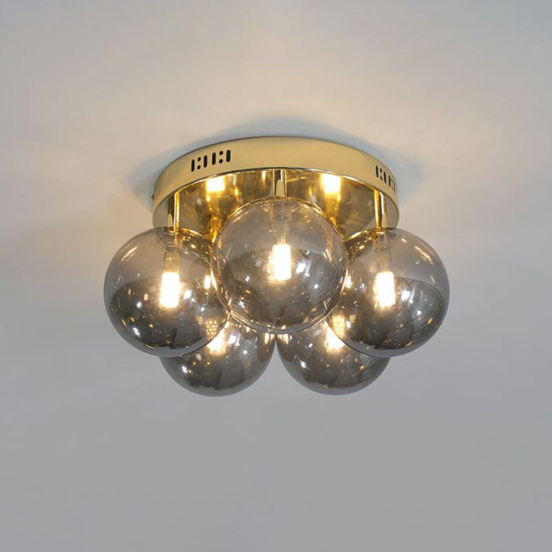 Ball Smoke Grey Glass Ceiling Lamp Postmodern 5 Lights Gold Finish Semi Flush Light Fixture Clearhalo 'Ceiling Lights' 'Close To Ceiling Lights' 'Close to ceiling' 'Semi-flushmount' Lighting' 2268904