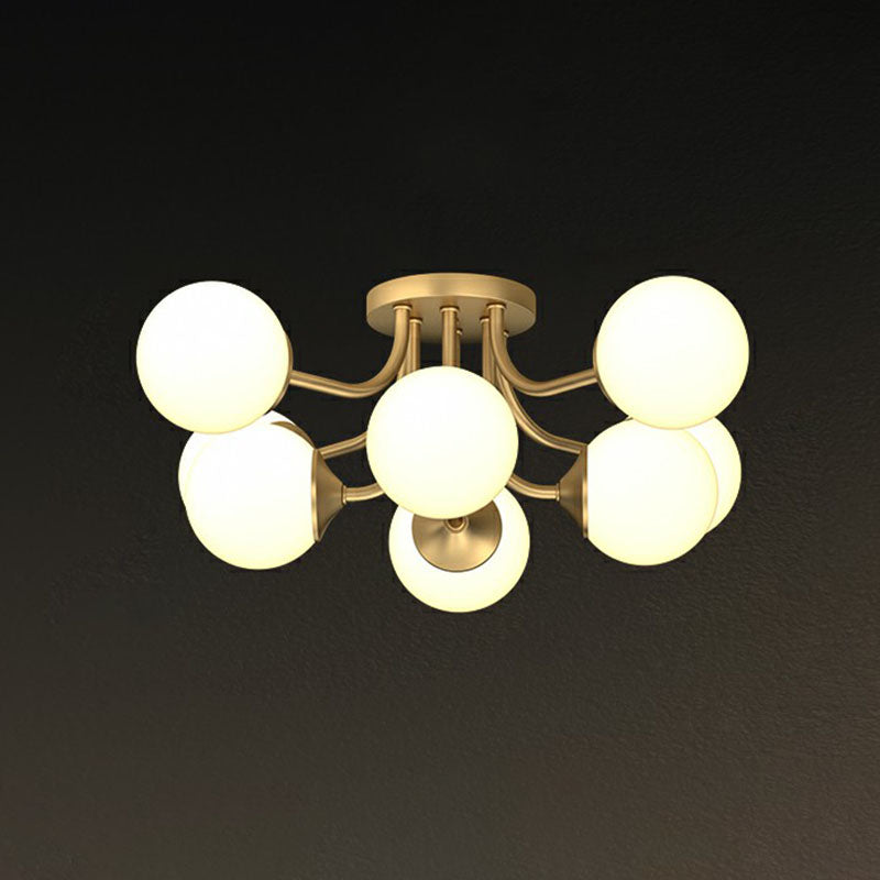 Gold Plated Ball Semi Flush Chandelier Postmodern Opal Glass Ceiling Light for Living Room 8 Gold Clearhalo 'Ceiling Lights' 'Close To Ceiling Lights' 'Close to ceiling' 'Semi-flushmount' Lighting' 2268908