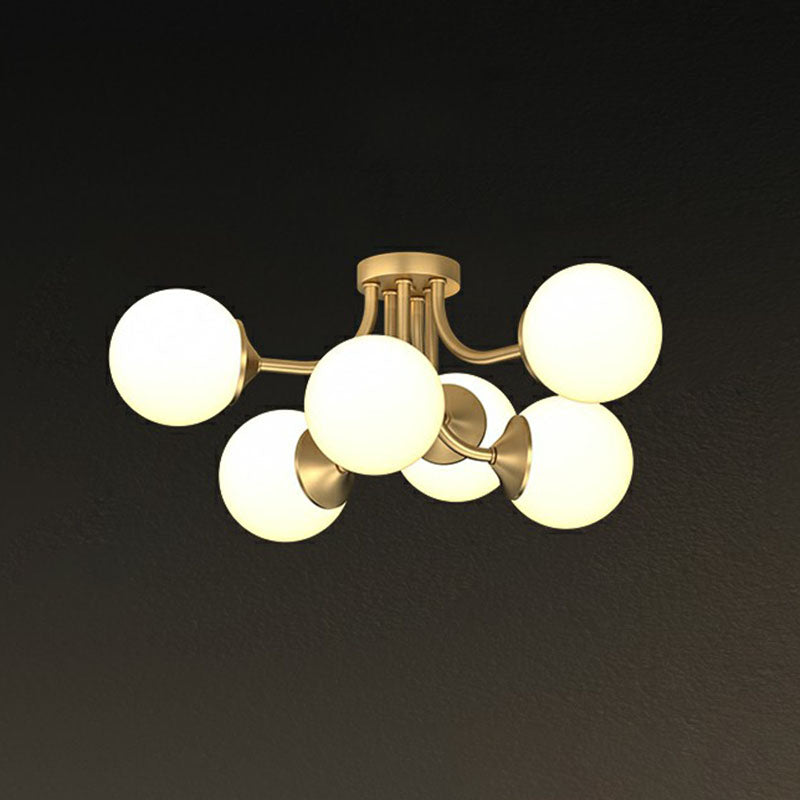 Gold Plated Ball Semi Flush Chandelier Postmodern Opal Glass Ceiling Light for Living Room 6 Gold Clearhalo 'Ceiling Lights' 'Close To Ceiling Lights' 'Close to ceiling' 'Semi-flushmount' Lighting' 2268910