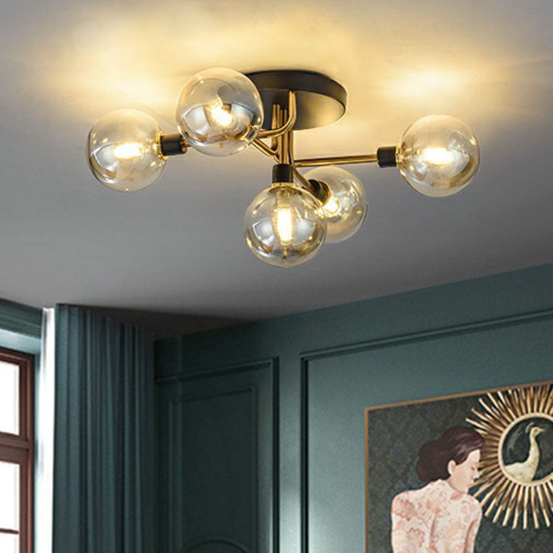 Ball Shaped Bedroom Ceiling Lamp Glass 5-Light Contemporary Semi-Flush Mount Light in Black-Brass Clearhalo 'Ceiling Lights' 'Close To Ceiling Lights' 'Close to ceiling' 'Semi-flushmount' Lighting' 2268952