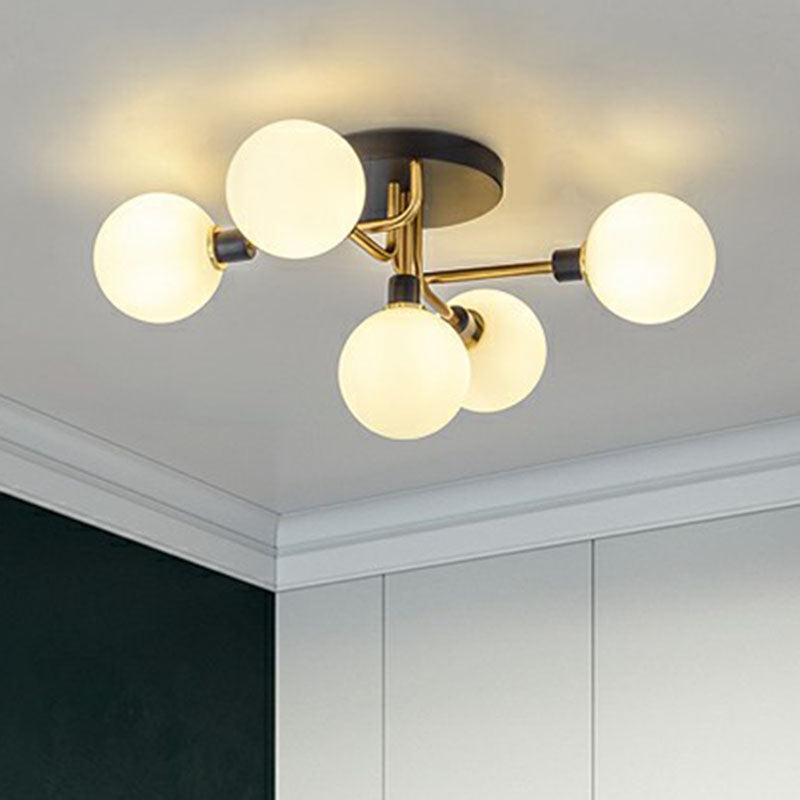 Ball Shaped Bedroom Ceiling Lamp Glass 5-Light Contemporary Semi-Flush Mount Light in Black-Brass Clearhalo 'Ceiling Lights' 'Close To Ceiling Lights' 'Close to ceiling' 'Semi-flushmount' Lighting' 2268954