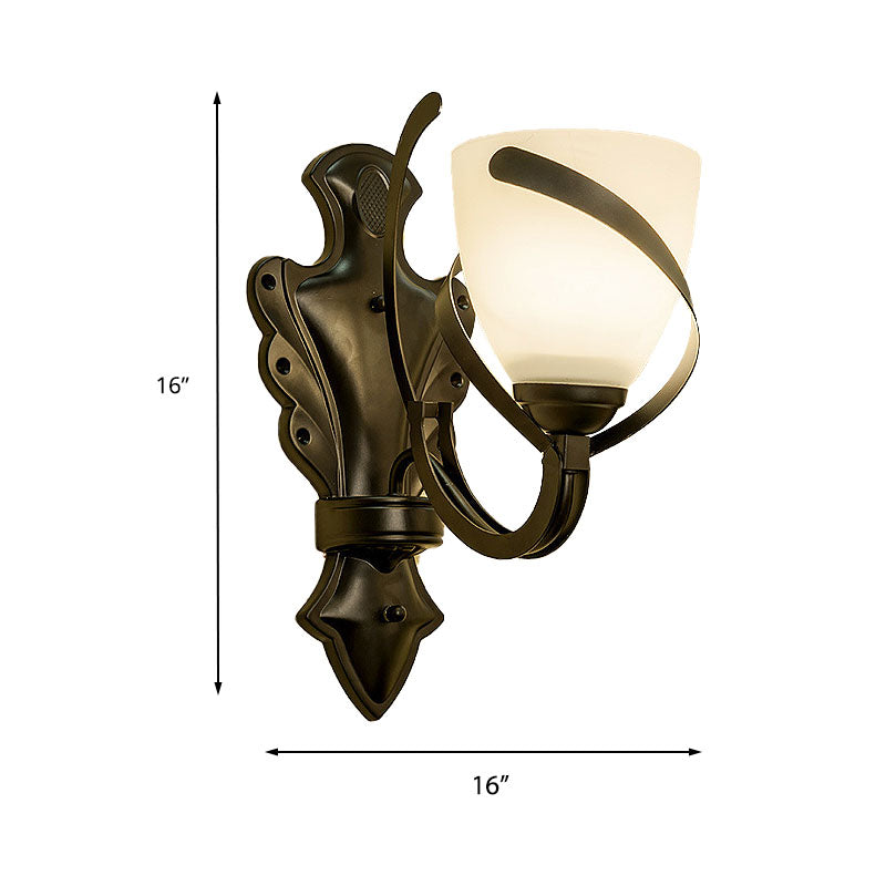 White Glass Black Wall Lamp Dome 1/2-Light Vintage Wall Light Sconce with Curvy Arm for Porch Clearhalo 'Wall Lamps & Sconces' 'Wall Lights' Lighting' 226897