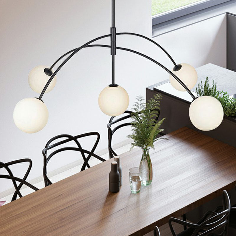 Black Arc Shaped Suspension Lamp Modern 5-Head Milky Ball Glass Chandelier for Dining Room Clearhalo 'Ceiling Lights' 'Chandeliers' 'Modern Chandeliers' 'Modern' Lighting' 2269051