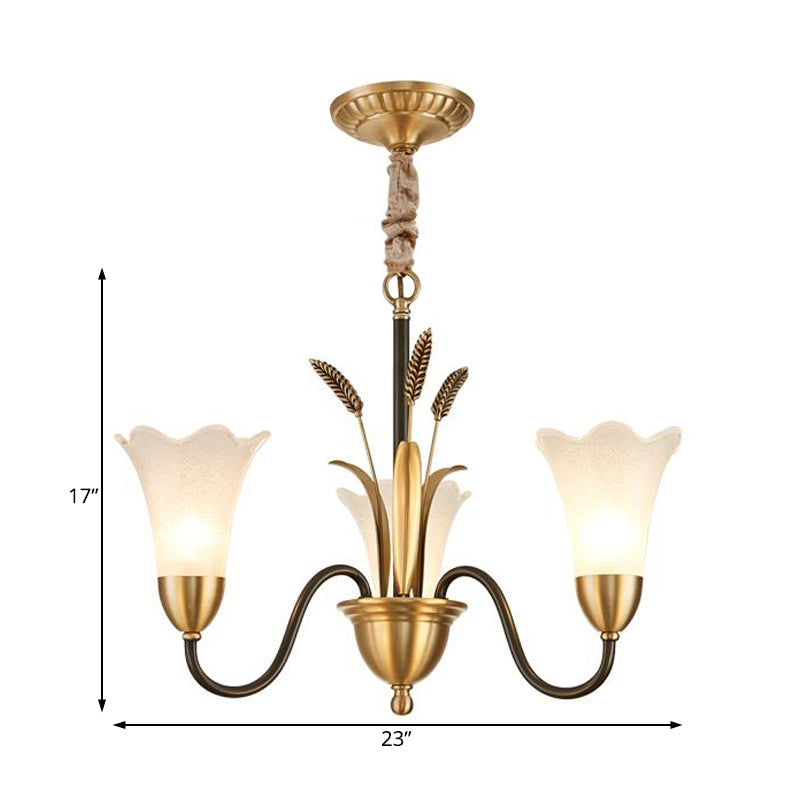 White Glass Floral Shaped Chandelier Traditional 6/8/12 Lights Study Room Hanging Ceiling Light in Brass Clearhalo 'Ceiling Lights' 'Chandeliers' 'Glass shade' 'Glass' Lighting' 227227