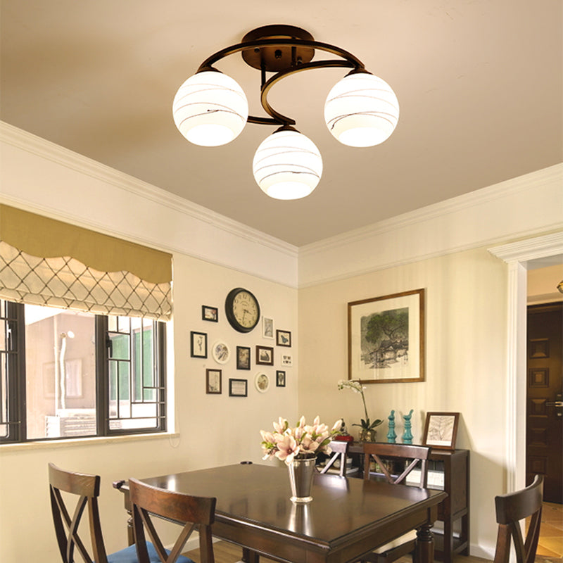 White Glass Orb Semi Flush Mount Light Rustic 3/6 Lights Dining Room Hanging Ceiling Light in Black 3 Black Clearhalo 'Ceiling Lights' 'Close To Ceiling Lights' 'Close to ceiling' 'Glass shade' 'Glass' 'Semi-flushmount' Lighting' 227420