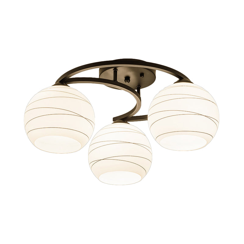 White Glass Orb Semi Flush Mount Light Rustic 3/6 Lights Dining Room Hanging Ceiling Light in Black Clearhalo 'Ceiling Lights' 'Close To Ceiling Lights' 'Close to ceiling' 'Glass shade' 'Glass' 'Semi-flushmount' Lighting' 227422