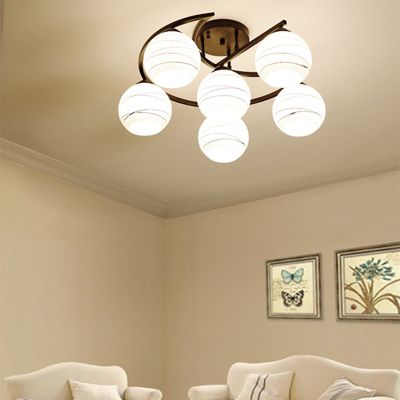 White Glass Orb Semi Flush Mount Light Rustic 3/6 Lights Dining Room Hanging Ceiling Light in Black Clearhalo 'Ceiling Lights' 'Close To Ceiling Lights' 'Close to ceiling' 'Glass shade' 'Glass' 'Semi-flushmount' Lighting' 227425