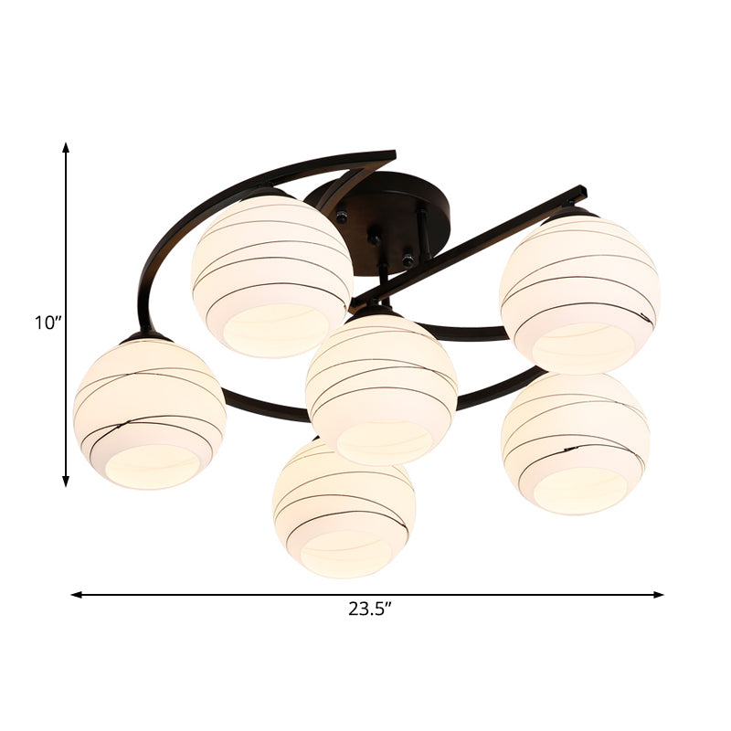 White Glass Orb Semi Flush Mount Light Rustic 3/6 Lights Dining Room Hanging Ceiling Light in Black Clearhalo 'Ceiling Lights' 'Close To Ceiling Lights' 'Close to ceiling' 'Glass shade' 'Glass' 'Semi-flushmount' Lighting' 227427