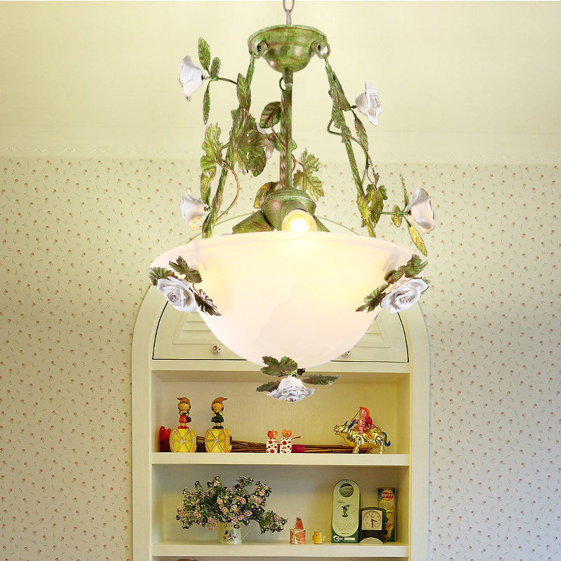 White Glass Bell Shape Pendant Chandelier American Flower Dining Room Hanging Light in Green Clearhalo 'Ceiling Lights' 'Chandeliers' 'Glass shade' 'Glass' Lighting' 2275184