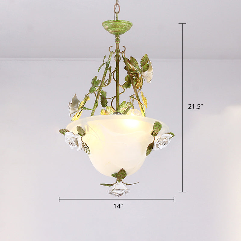 White Glass Bell Shape Pendant Chandelier American Flower Dining Room Hanging Light in Green Green 14