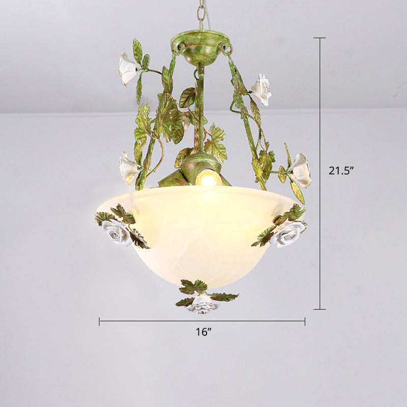 White Glass Bell Shape Pendant Chandelier American Flower Dining Room Hanging Light in Green Green 16