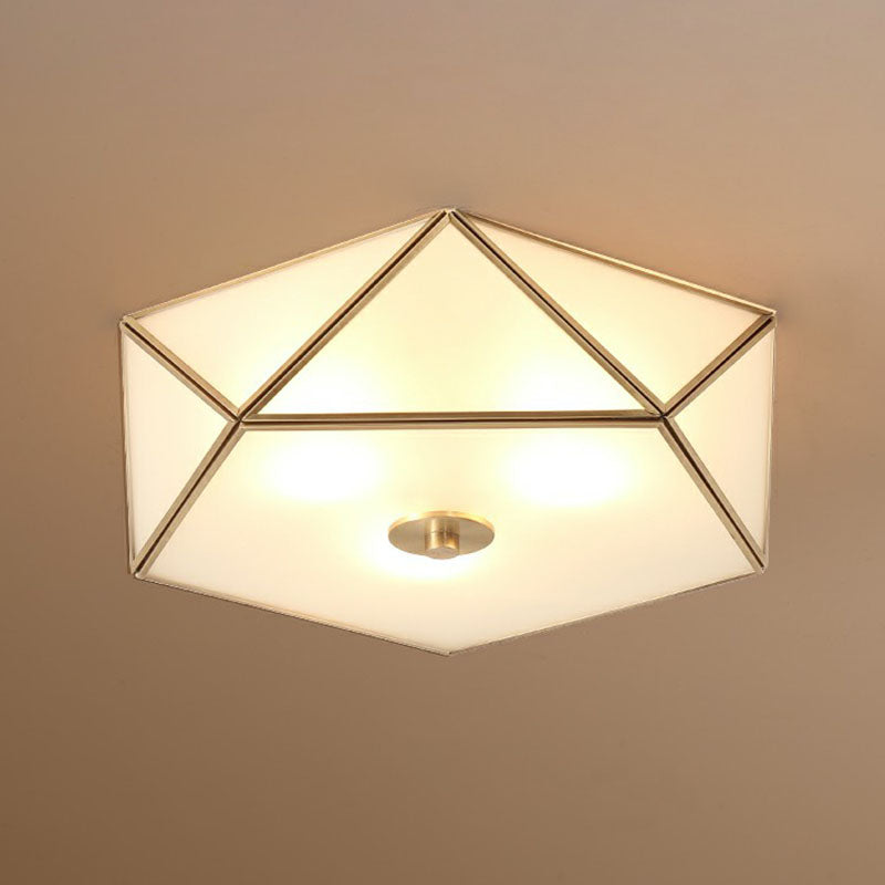 Simplicity Pentagonal Flushmount Ceiling Lamp Satin Opal Glass Flush-Mount Light in Brass Brass 15