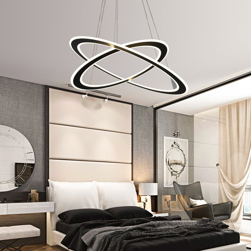 Circular LED Chandelier Lamp Art Deco Metal Stairway Ceiling Hang Light in Black 2 Black Clearhalo 'Ceiling Lights' 'Chandeliers' 'Modern Chandeliers' 'Modern' Lighting' 2275286