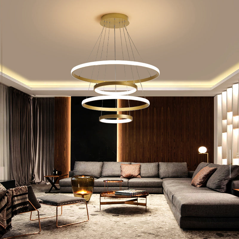 Multi-Loop Shaped Restaurant Chandelier Metal Postmodern LED Pendant Light in Gold 4 Gold Clearhalo 'Ceiling Lights' 'Chandeliers' 'Modern Chandeliers' 'Modern' Lighting' 2275294