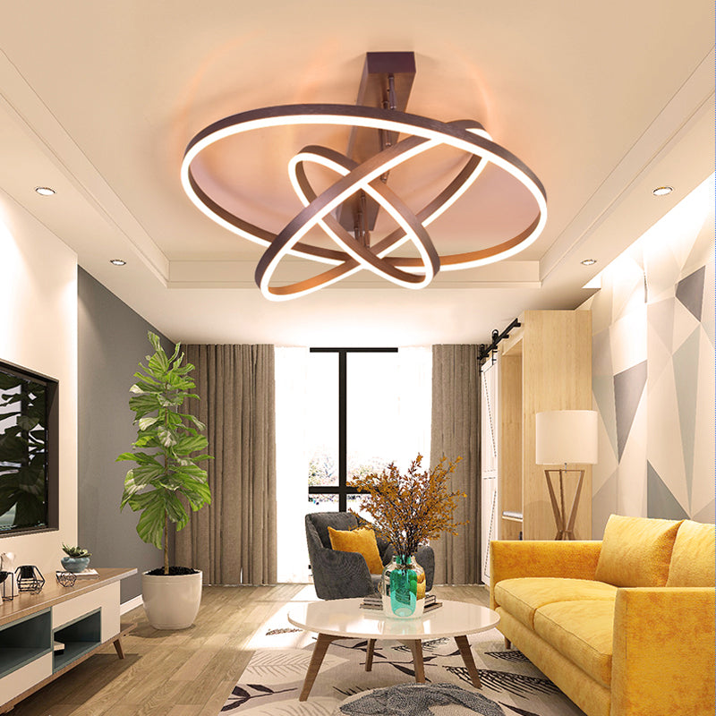 Circular LED Semi Flush Mount Lighting Simplicity Metal Bedroom Ceiling Lamp in Coffee Clearhalo 'Ceiling Lights' 'Close To Ceiling Lights' 'Close to ceiling' 'Semi-flushmount' Lighting' 2275349