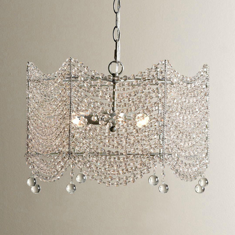 Retro Style Scalloped Suspension Light 3 Bulbs Crystal Bead Chandelier Light in Silver Clearhalo 'Ceiling Lights' 'Chandeliers' Lighting' options 2275368