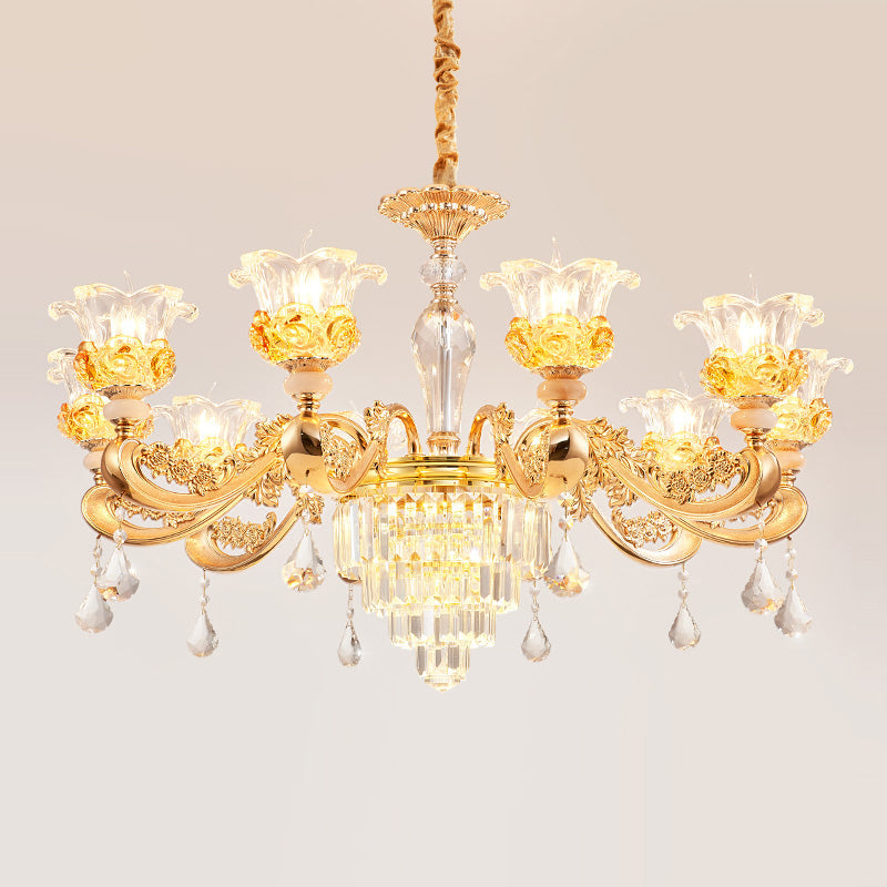 Blossom Crystal Glass Chandelier Antique Style Bedroom Ceiling Hang Light in Gold Clearhalo 'Ceiling Lights' 'Chandeliers' Lighting' options 2275601