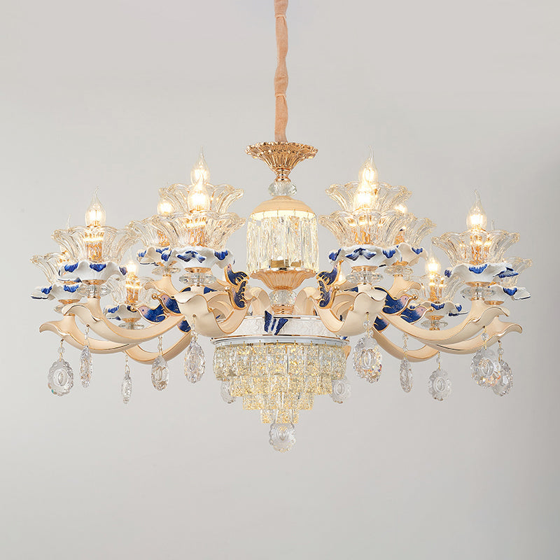 Clear K9 Crystal Flower Chandelier Traditional Dining Room Hanging Ceiling Light with Ceramic Decor Clearhalo 'Ceiling Lights' 'Chandeliers' Lighting' options 2275615