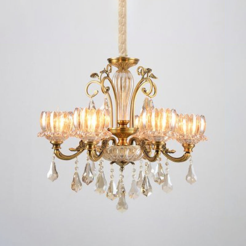 Carved Crystal Hanging Light Antique Gold Finish Lotus Dining Room Ceiling Chandelier Clearhalo 'Ceiling Lights' 'Chandeliers' Lighting' options 2275625