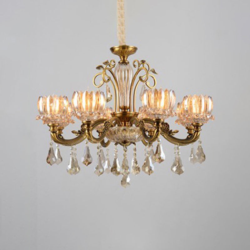 Carved Crystal Hanging Light Antique Gold Finish Lotus Dining Room Ceiling Chandelier Clearhalo 'Ceiling Lights' 'Chandeliers' Lighting' options 2275626