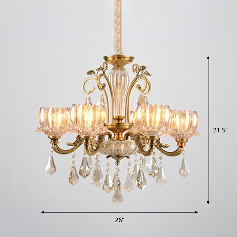 Carved Crystal Hanging Light Antique Gold Finish Lotus Dining Room Ceiling Chandelier Clearhalo 'Ceiling Lights' 'Chandeliers' Lighting' options 2275627