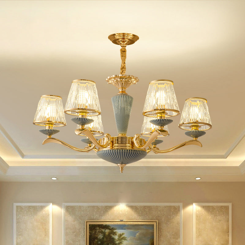 Clear Ribbed Glass Chandelier Lighting Antique Gold Conic Bedroom Ceiling Pendant Lamp 6 Gold Clearhalo 'Ceiling Lights' 'Chandeliers' Lighting' options 2275635_3dc7e4d0-5fb1-4700-8bec-3882343c81dd