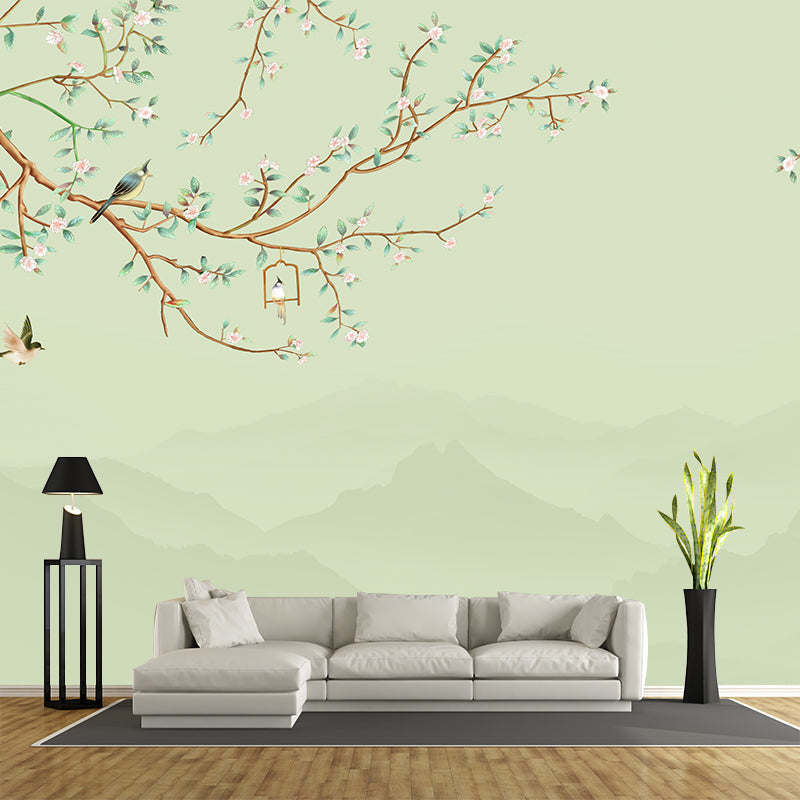 Big Flower and Bird Mural in Pastel Green Non-Woven Fabric Wall Art for Home Decor, Custom-Made Light Green Clearhalo 'Wall Decor' 'Wall Mural' 2276479