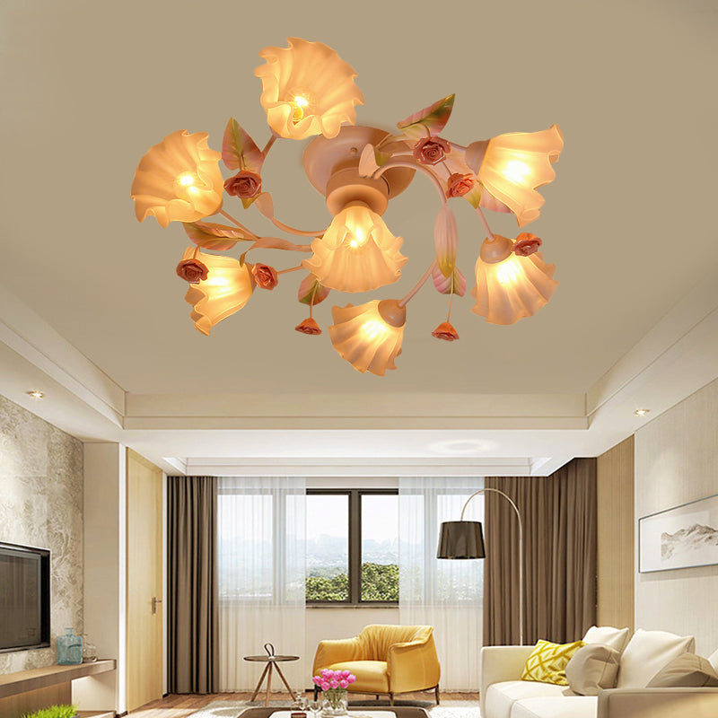 White Glass Flower Semi Flush Mount Light Rustic 4/7 Lights Bedroom Hanging Light Fixture 7 White Clearhalo 'Ceiling Lights' 'Close To Ceiling Lights' 'Close to ceiling' 'Glass shade' 'Glass' 'Semi-flushmount' Lighting' 227986