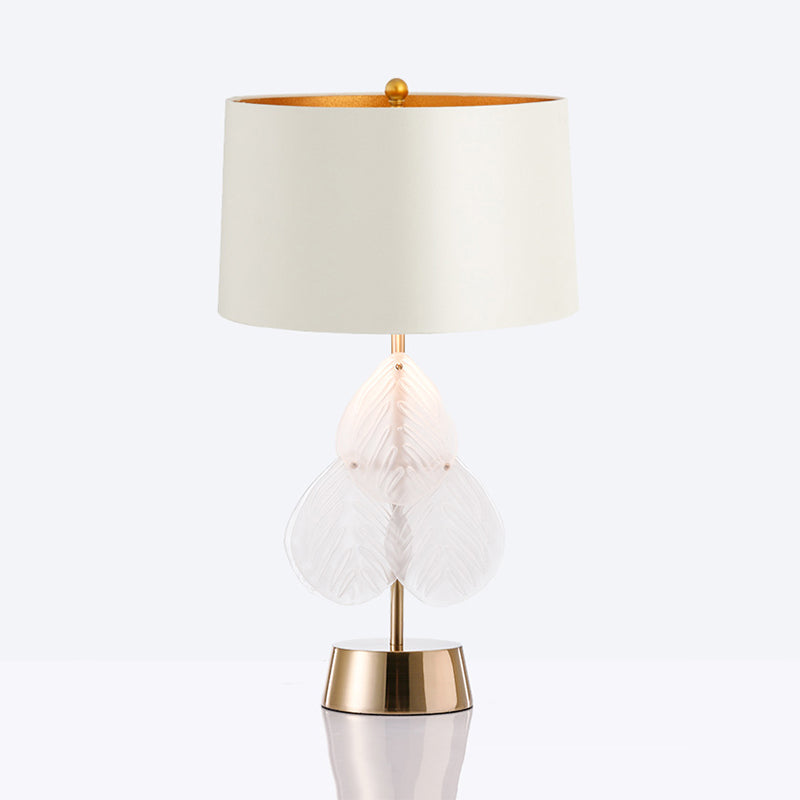 Drum Glass Table Lamp Vintage 1 Light Bedside Nightstand Lamp in White/Gold Fininsh with Crystal Leaf Decoration Clearhalo 'Lamps' 'Table Lamps' Lighting' 228171