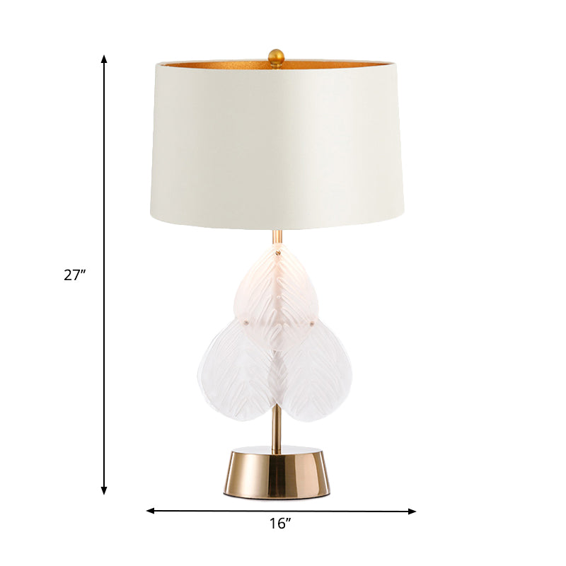 Drum Glass Table Lamp Vintage 1 Light Bedside Nightstand Lamp in White/Gold Fininsh with Crystal Leaf Decoration Clearhalo 'Lamps' 'Table Lamps' Lighting' 228173