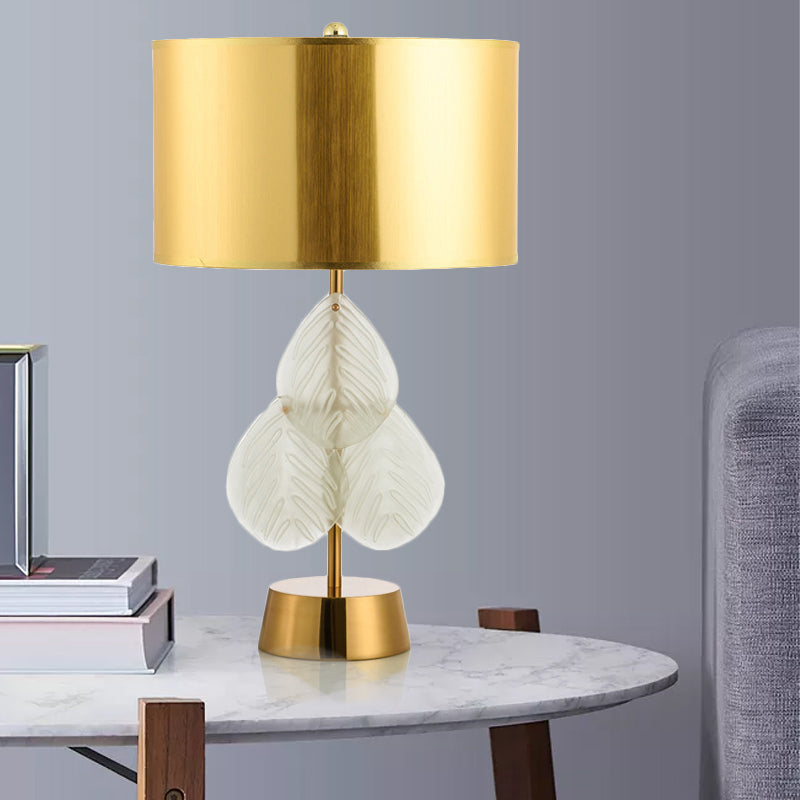 Drum Glass Table Lamp Vintage 1 Light Bedside Nightstand Lamp in White/Gold Fininsh with Crystal Leaf Decoration Gold Clearhalo 'Lamps' 'Table Lamps' Lighting' 228175