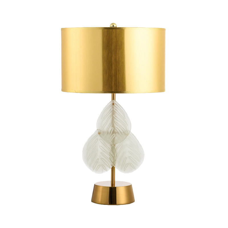 Drum Glass Table Lamp Vintage 1 Light Bedside Nightstand Lamp in White/Gold Fininsh with Crystal Leaf Decoration Clearhalo 'Lamps' 'Table Lamps' Lighting' 228177