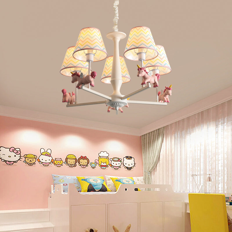 Print Fabric Conical Hanging Light Kids Style Pink Chandelier Light Fixture with Unicorn Deco Clearhalo 'Ceiling Lights' 'Chandeliers' Lighting' options 2282342